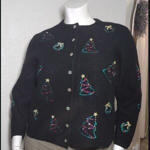 Wool Black Cardigan with Festive Embroidery